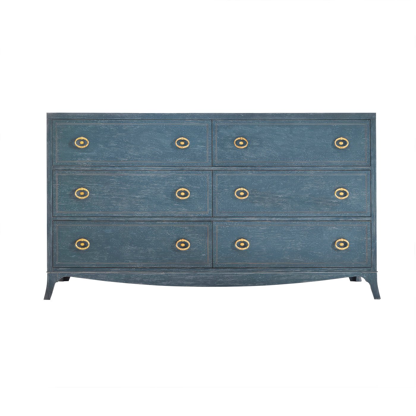 Blue painted dresser with six drawers, front view.