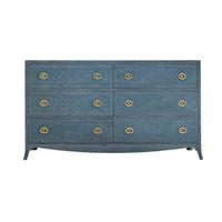 Blue painted dresser with six drawers, front view.