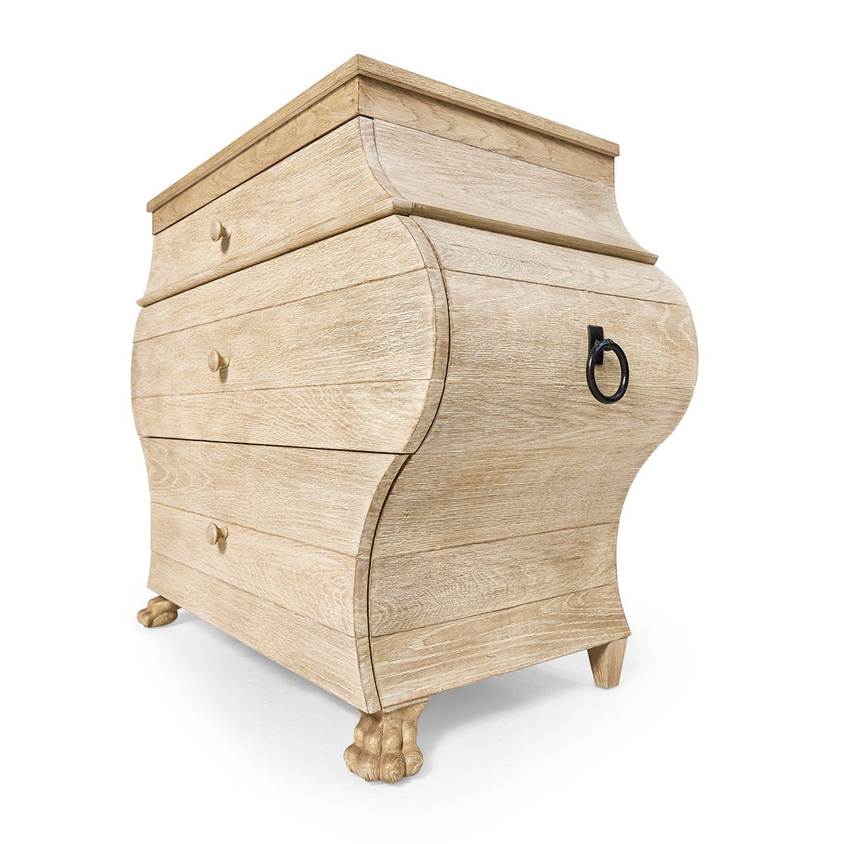 Classic bombe chest, side angle, highlighting knob detail.