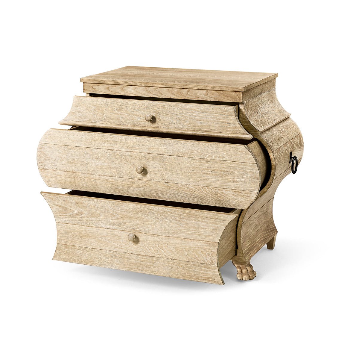 Classic bombe chest, partially open drawers, side view.