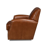 Brown leather swivel armchair side profile.