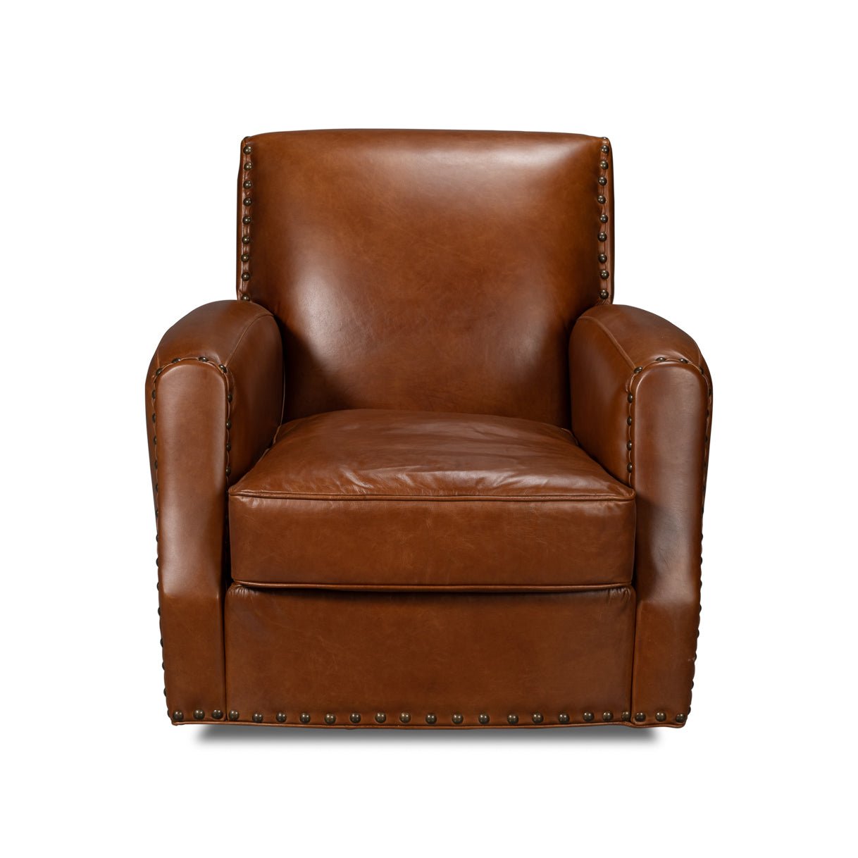 Brown leather swivel armchair front view.