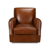 Brown leather swivel armchair front view.