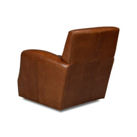 Brown leather swivel armchair rear angle view.