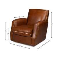 Brown leather swivel armchair dimensions with measurements.