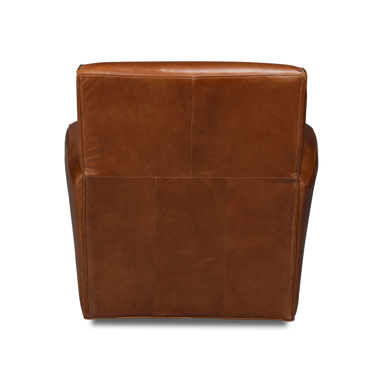 Brown leather swivel armchair back view.