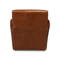 Brown leather swivel armchair back view.