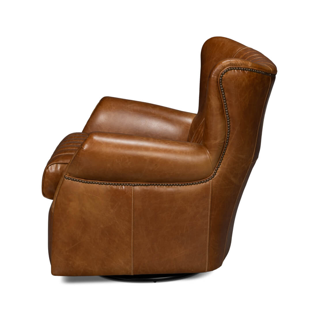 Brown leather swivel chair, side profile