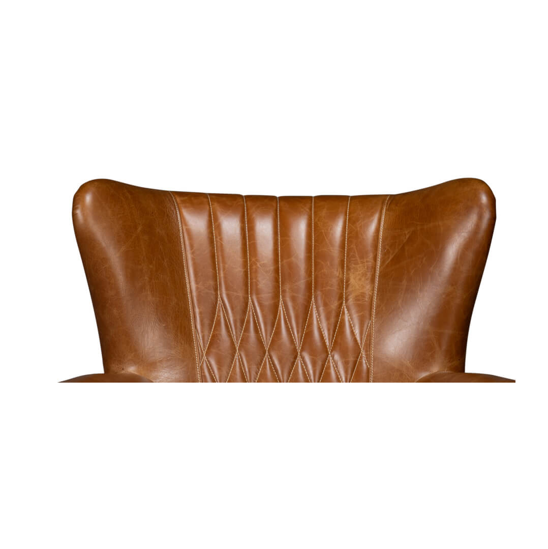 Top backrest view of brown leather swivel chair