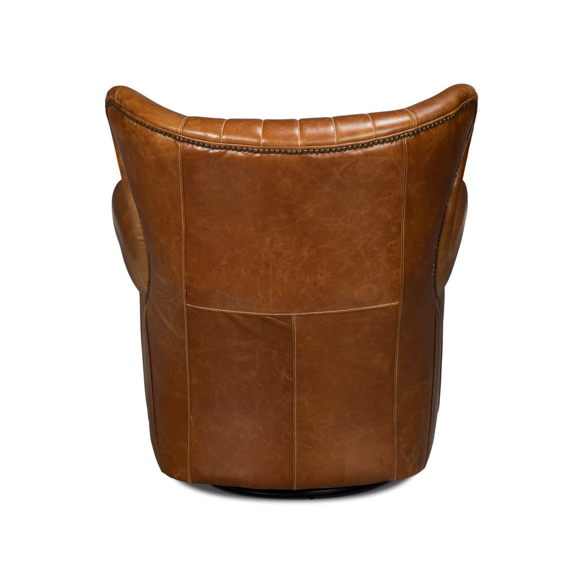 Brown leather swivel chair, back view close-up