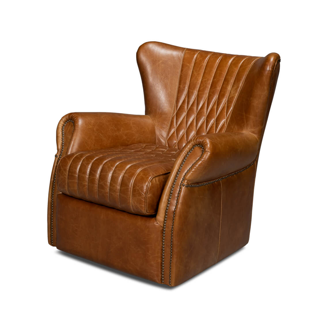 Brown leather swivel chair, front angle view