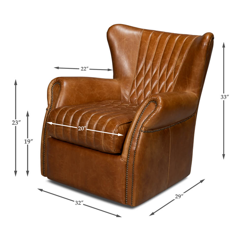 Brown leather swivel chair with dimensions and features
