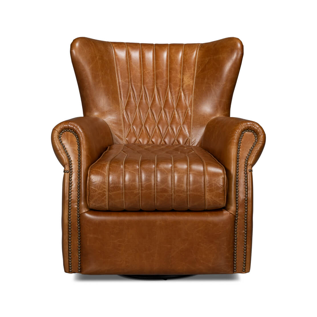 Brown leather swivel chair, front view with details