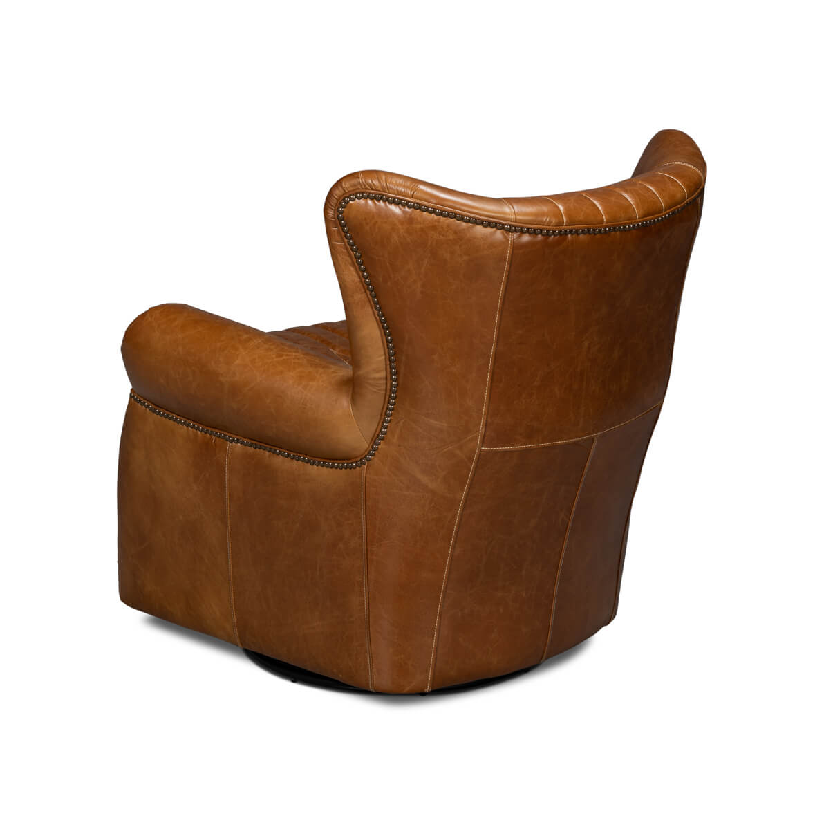 Brown leather swivel chair, rear angle perspective