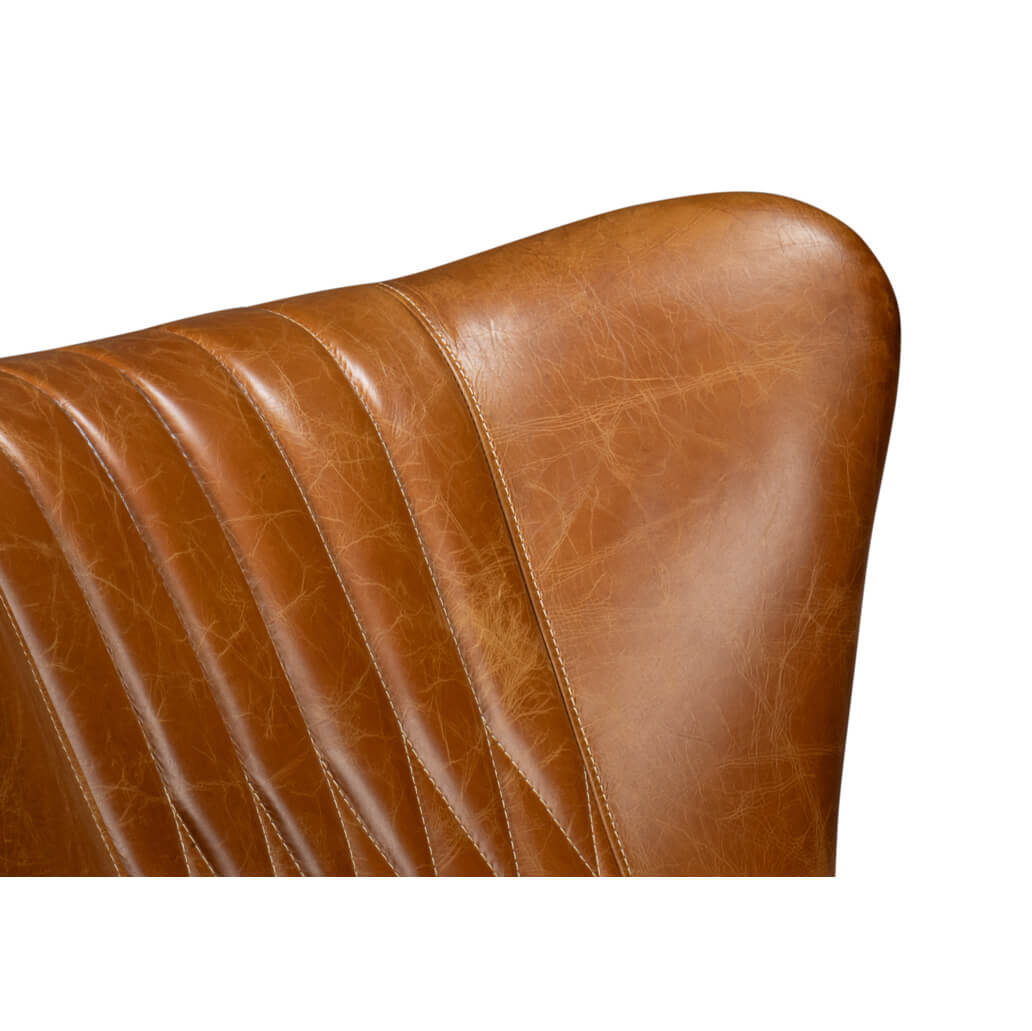 Top corner view of leather swivel chair