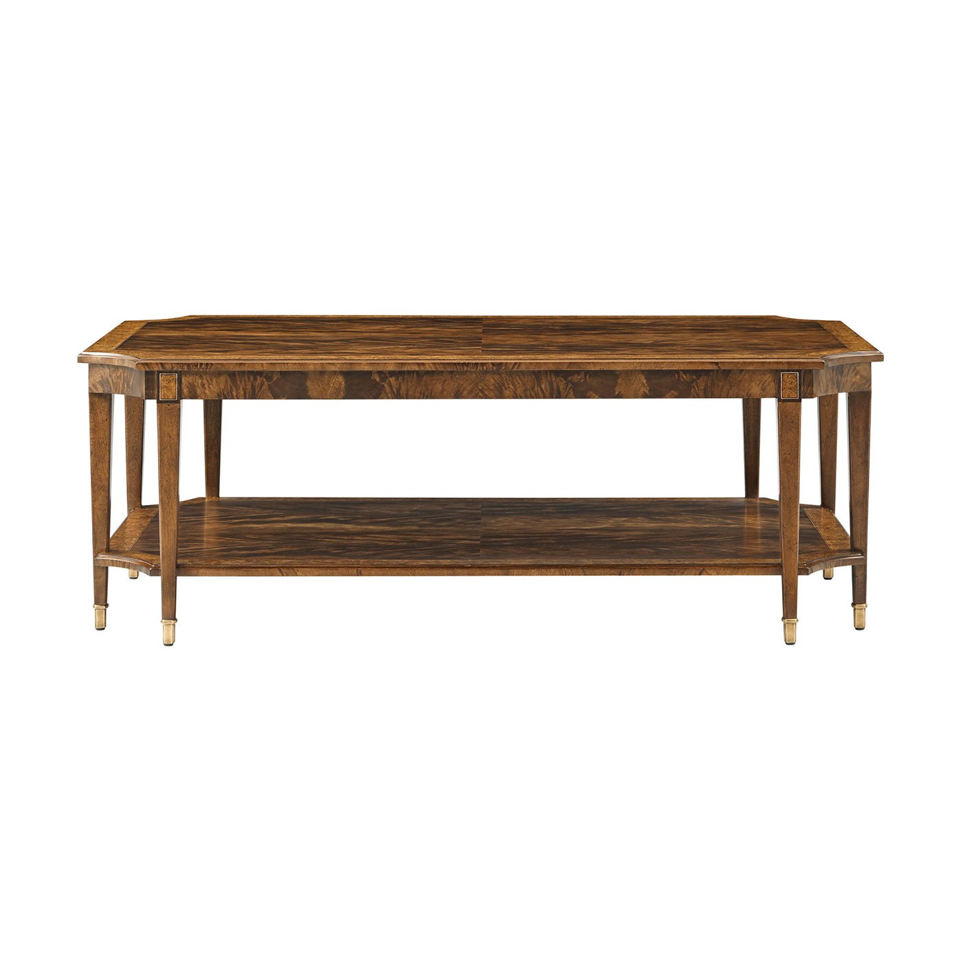 Front view of classic wooden coffee table with shelf.