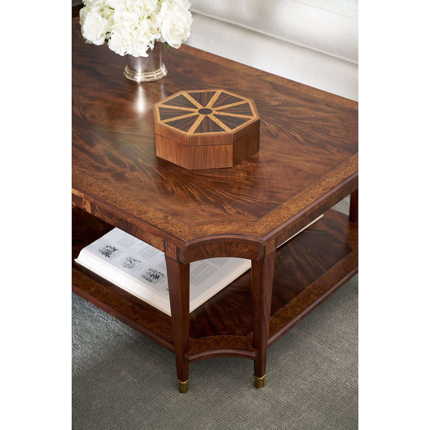 Top view of coffee table with decorative geometric box.