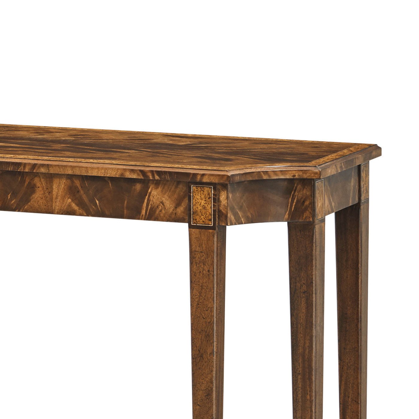 Corner detail of classic console table with intricate craftsmanship.