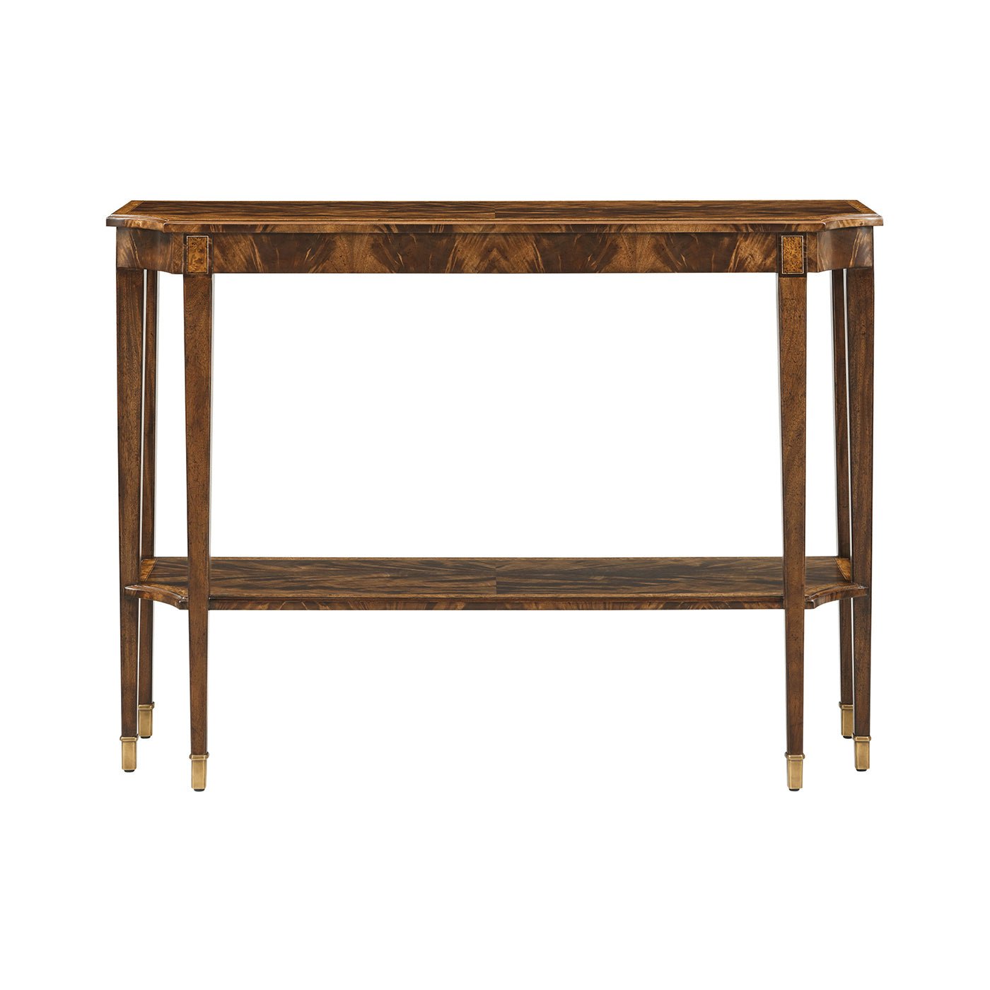 Straight-on view of classic console table with gold accents.