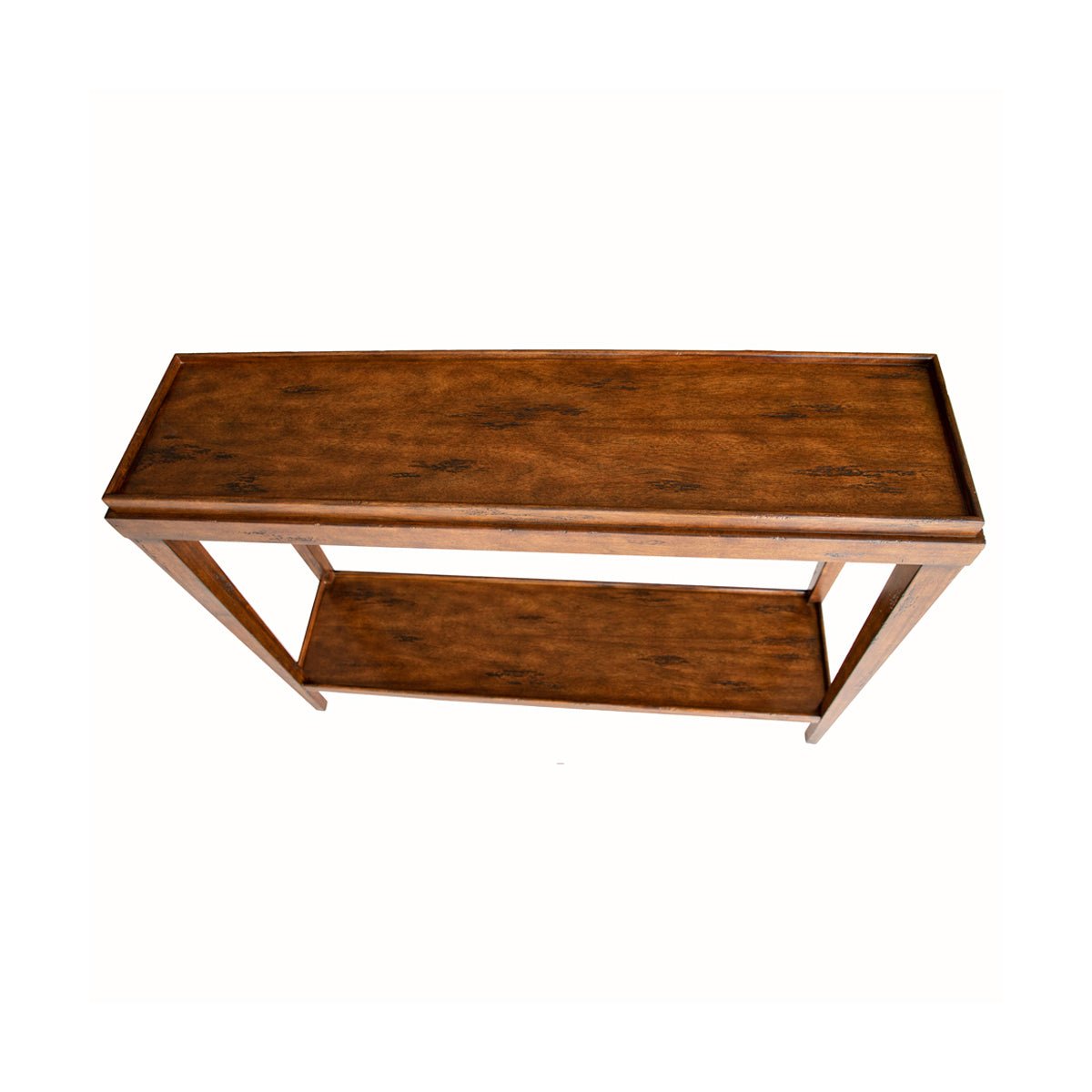 Top view of console table, showcasing wood grain texture.
