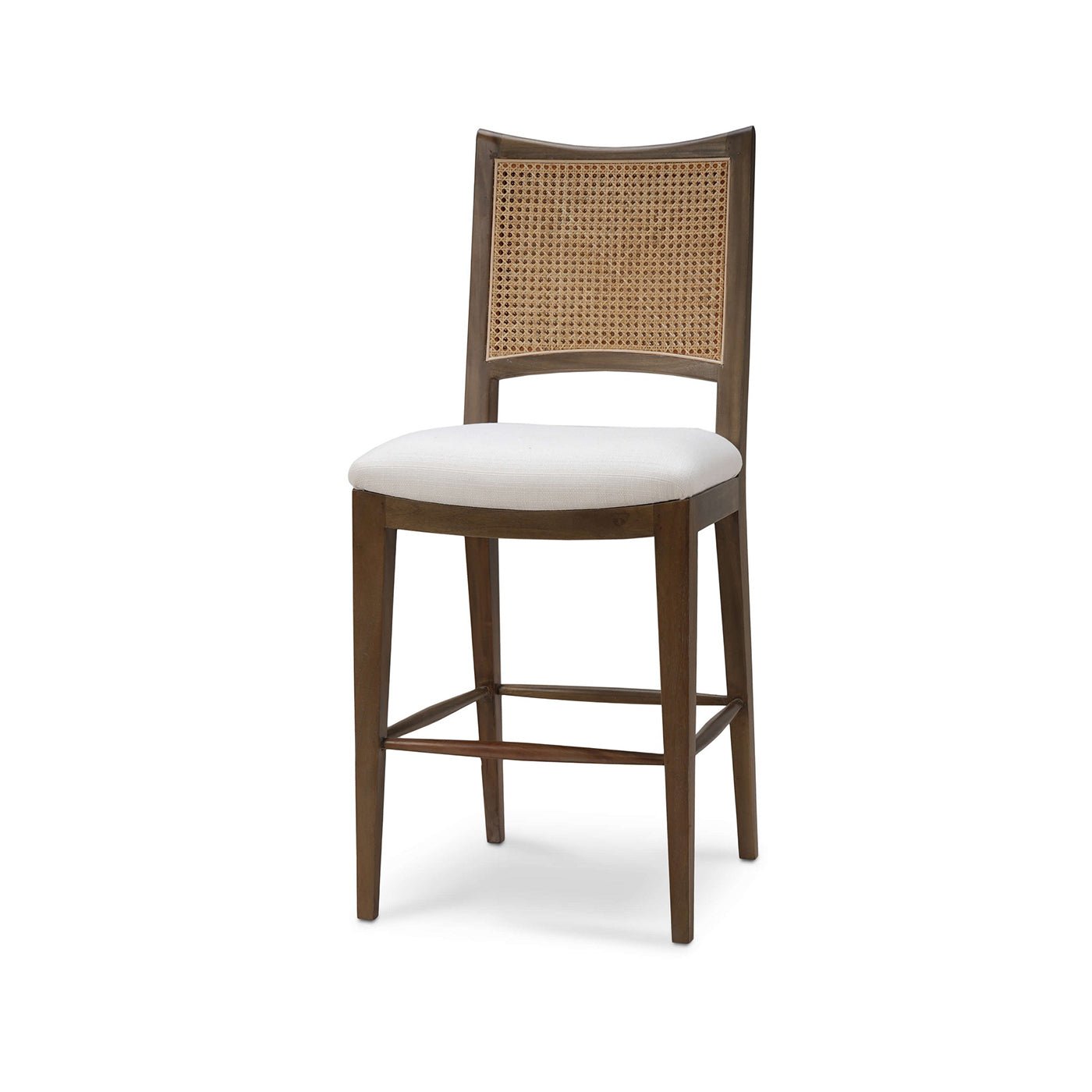 Wooden counter stool with cane back and white cushion.