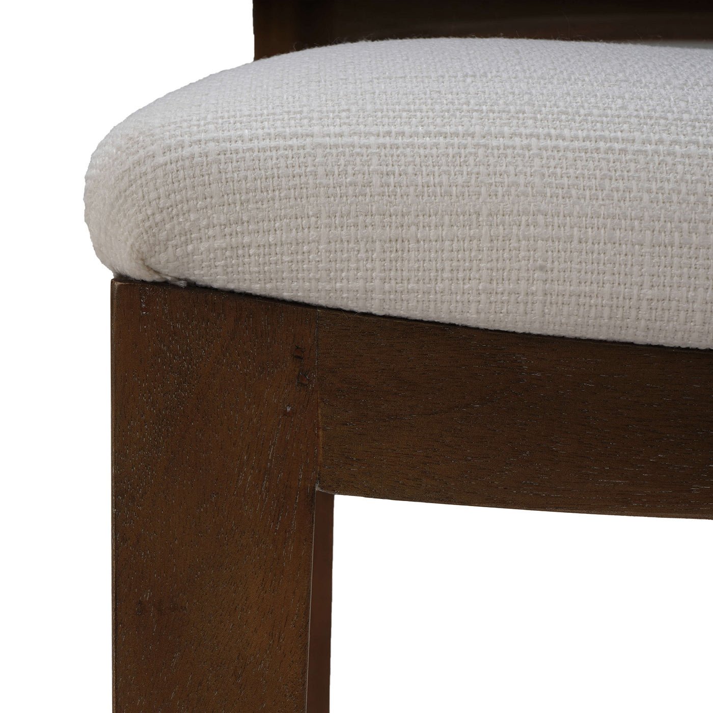 Close-up of white cushioned seat on counter stool.