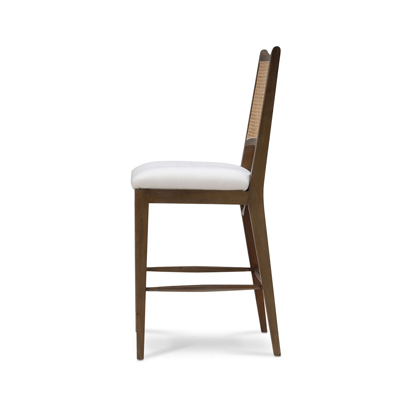 Side profile of counter stool, wooden frame, padded seat.