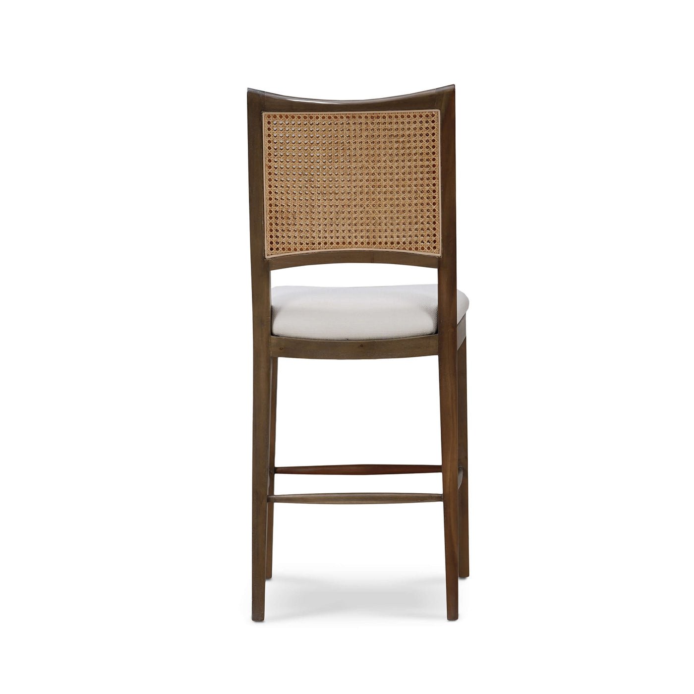 Back view of counter stool, showing woven cane back.