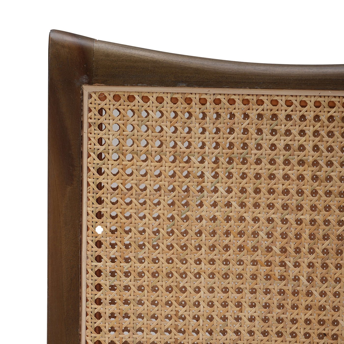 Detailed view of woven cane backrest on counter stool.