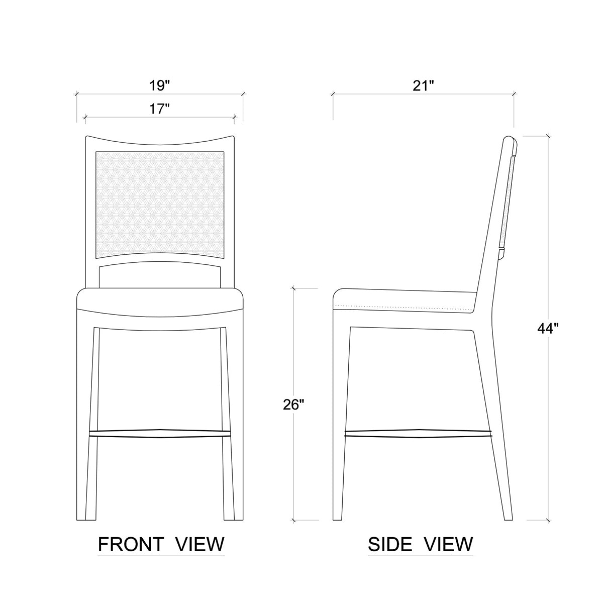 Dimensions diagram for classic wooden counter stool.