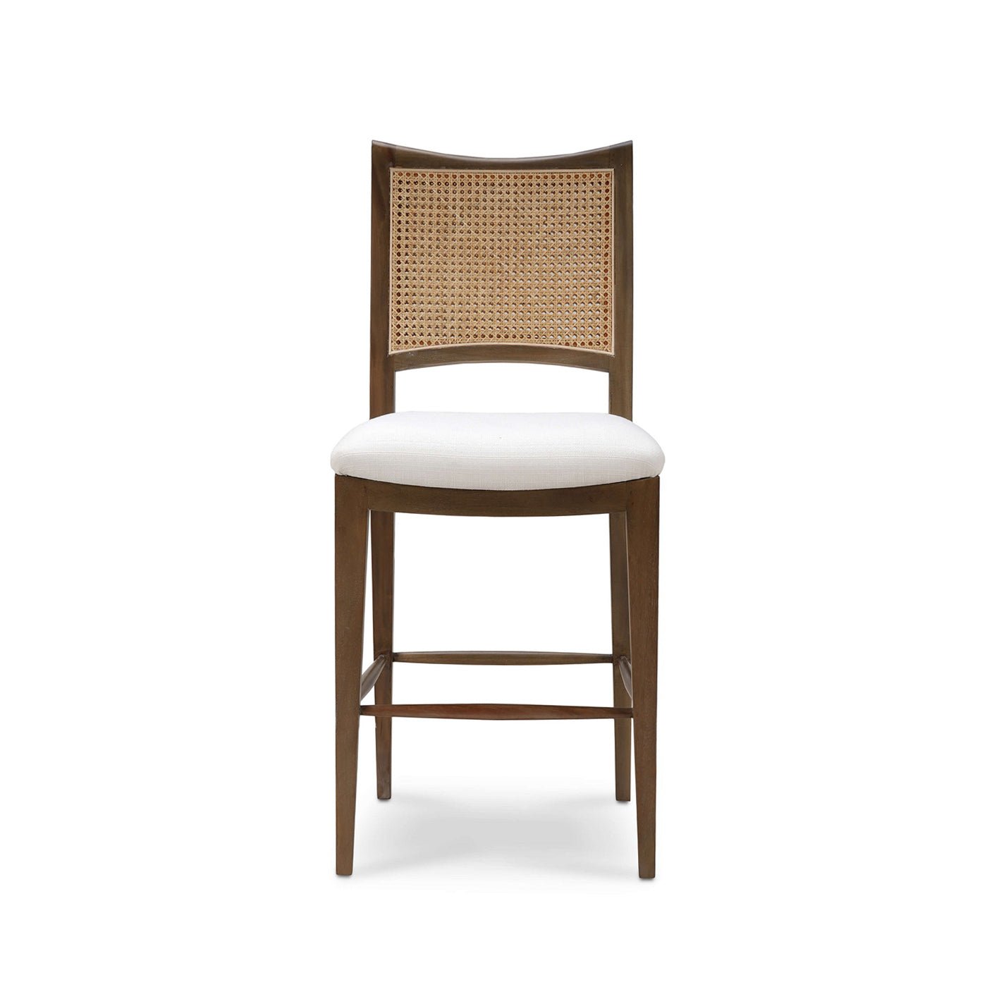 Front view of wooden counter stool with woven backrest.