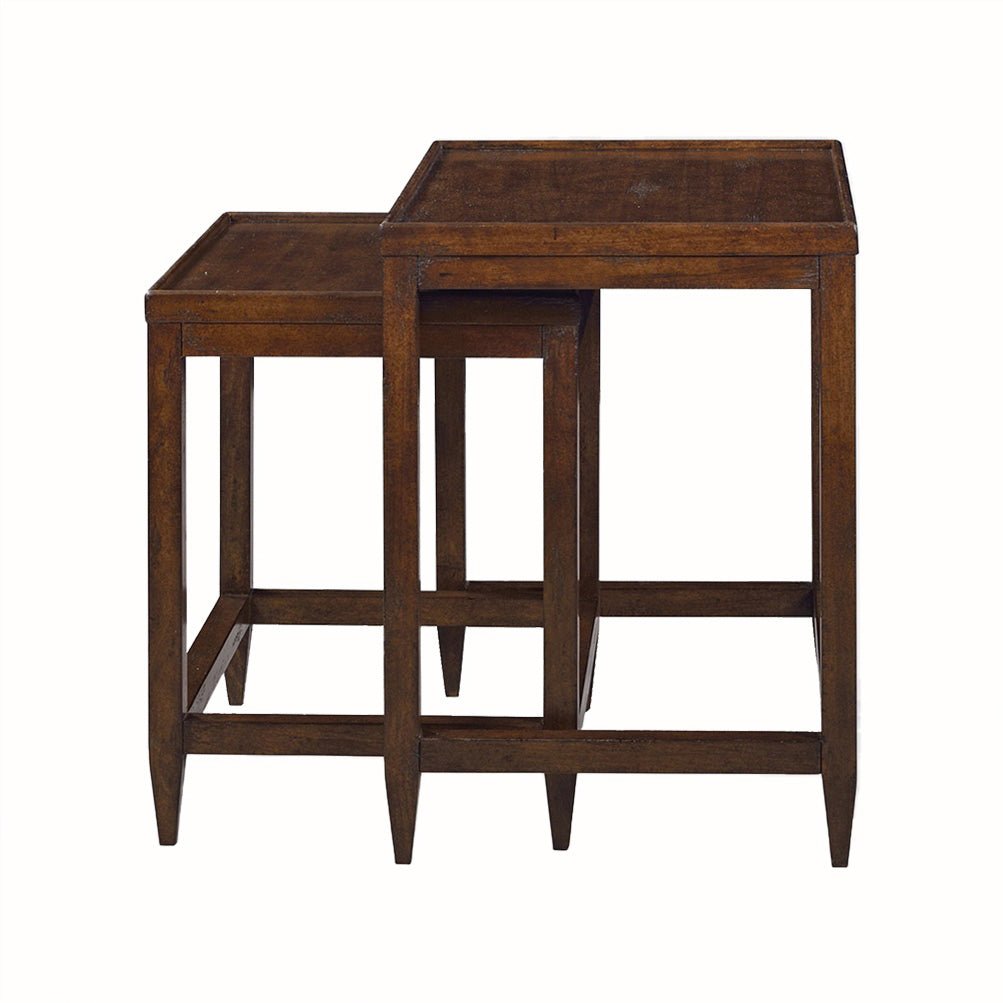 Nested side tables, side perspective, brown finish.