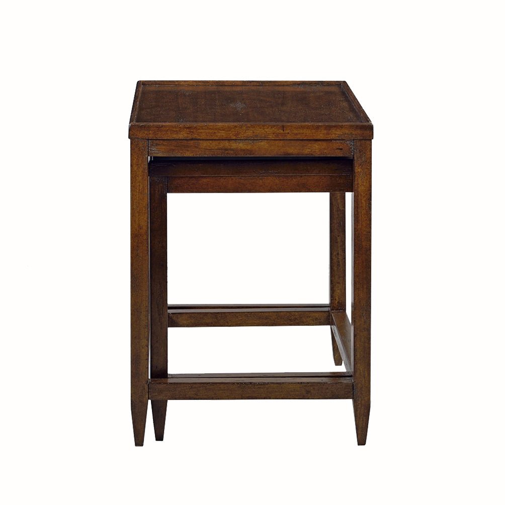 Single nested side table, front view, brown wood.