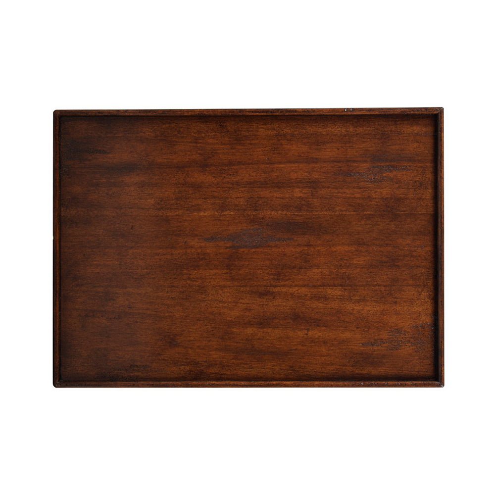 Top view of large brown side table surface.