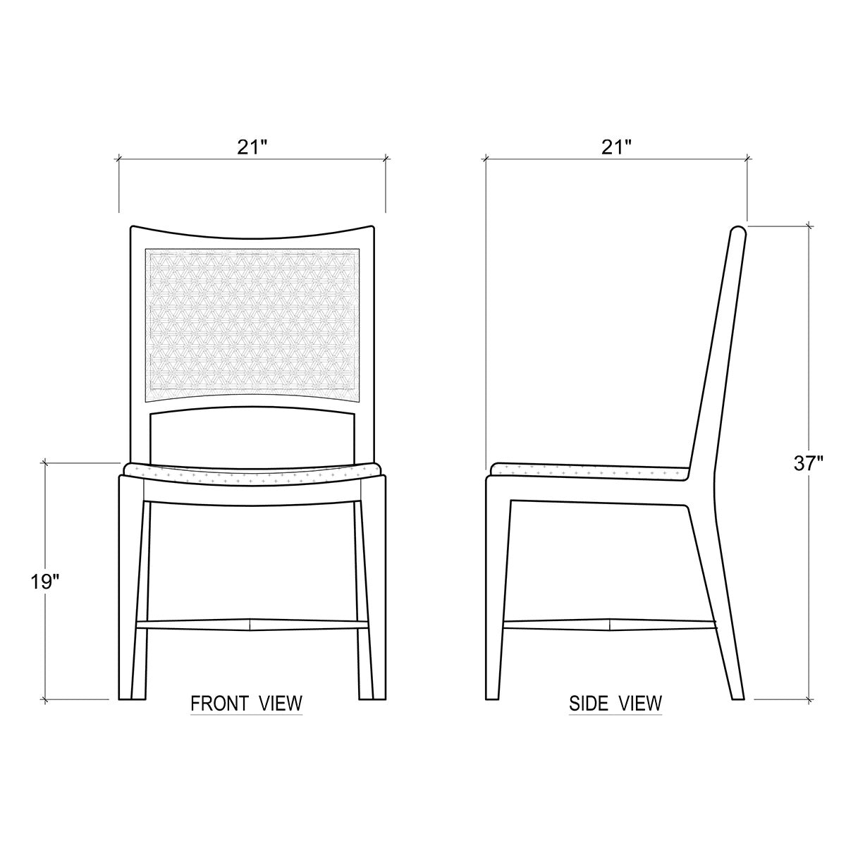 Dining chair dimensions in front and side view illustration.