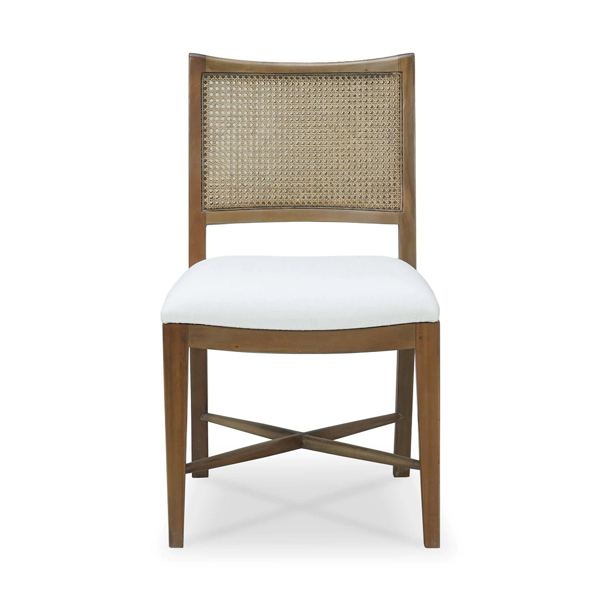 Front view of wooden dining chair with cane back.