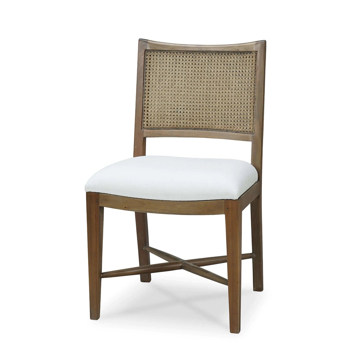 Wooden dining chair with white cushion, angled view.