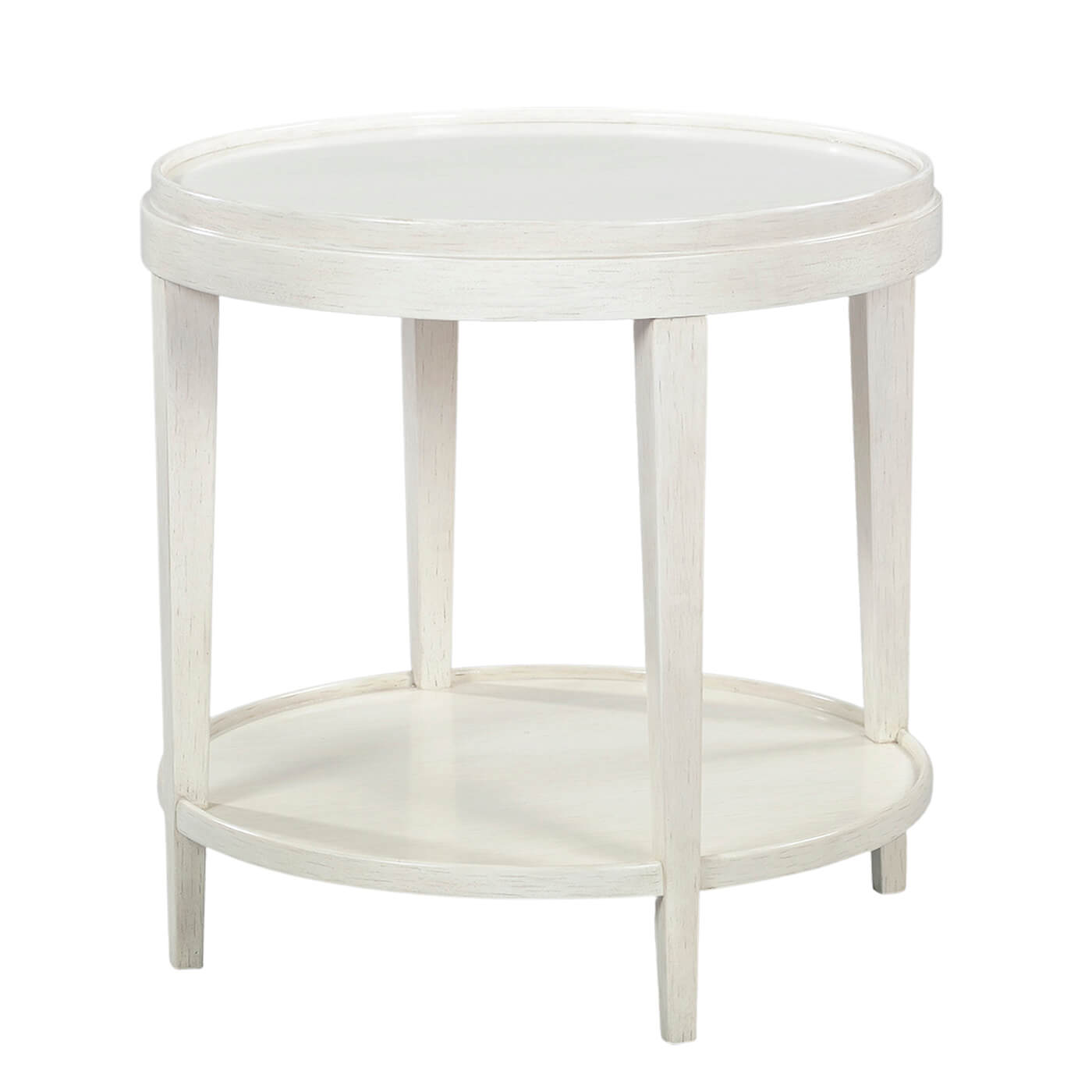 Round white end table with lower shelf, angled view.