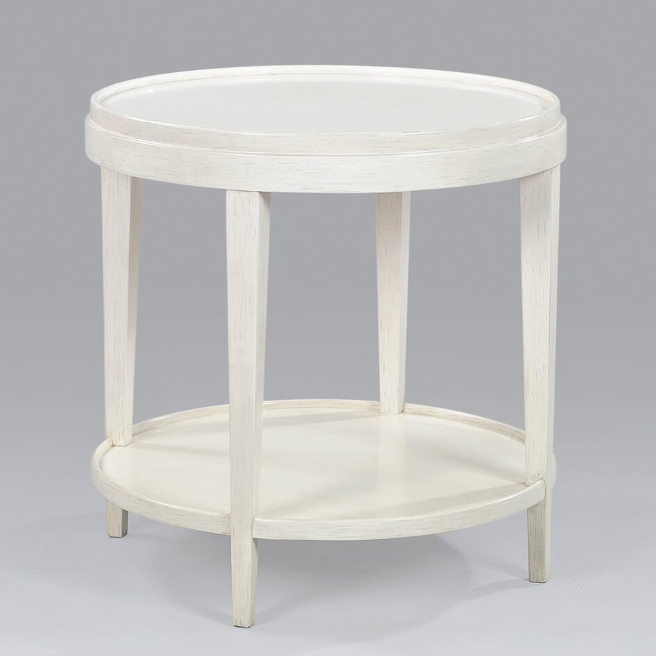 White round end table on gray background, full view.