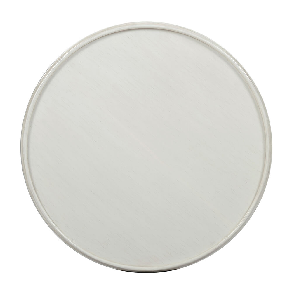 Top view of round white end table surface.