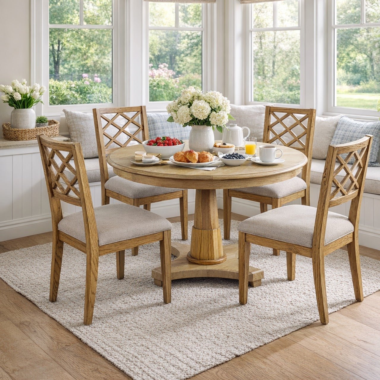 Dining room setup with center table and chairs.