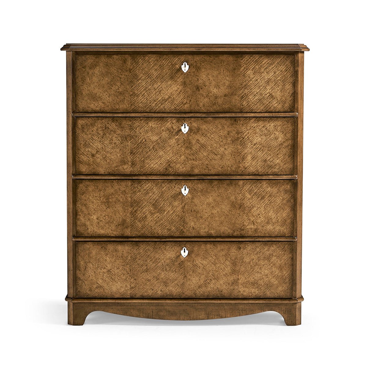 Front view of classic English tall dresser chest.