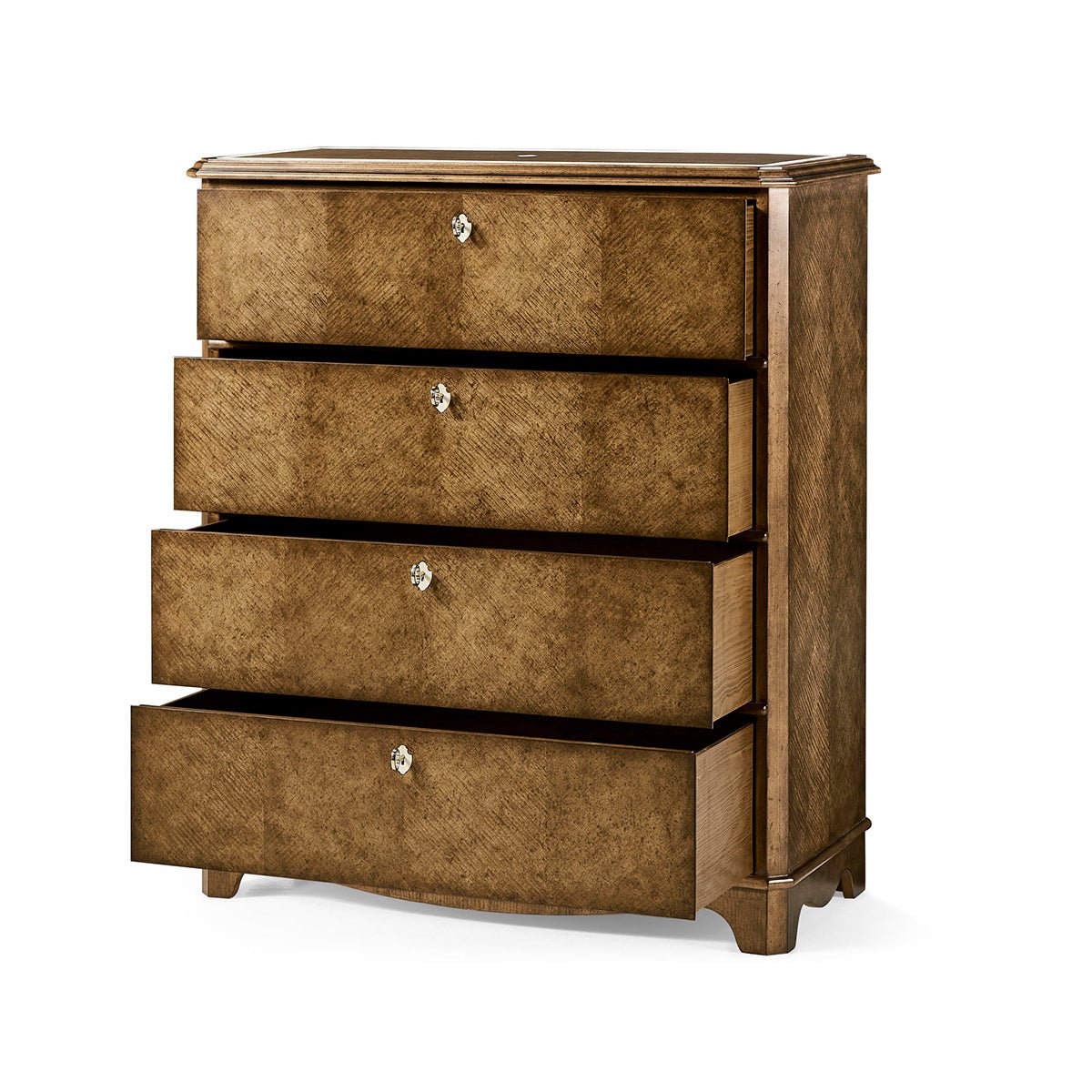 Open drawers of classic English tall dresser chest.