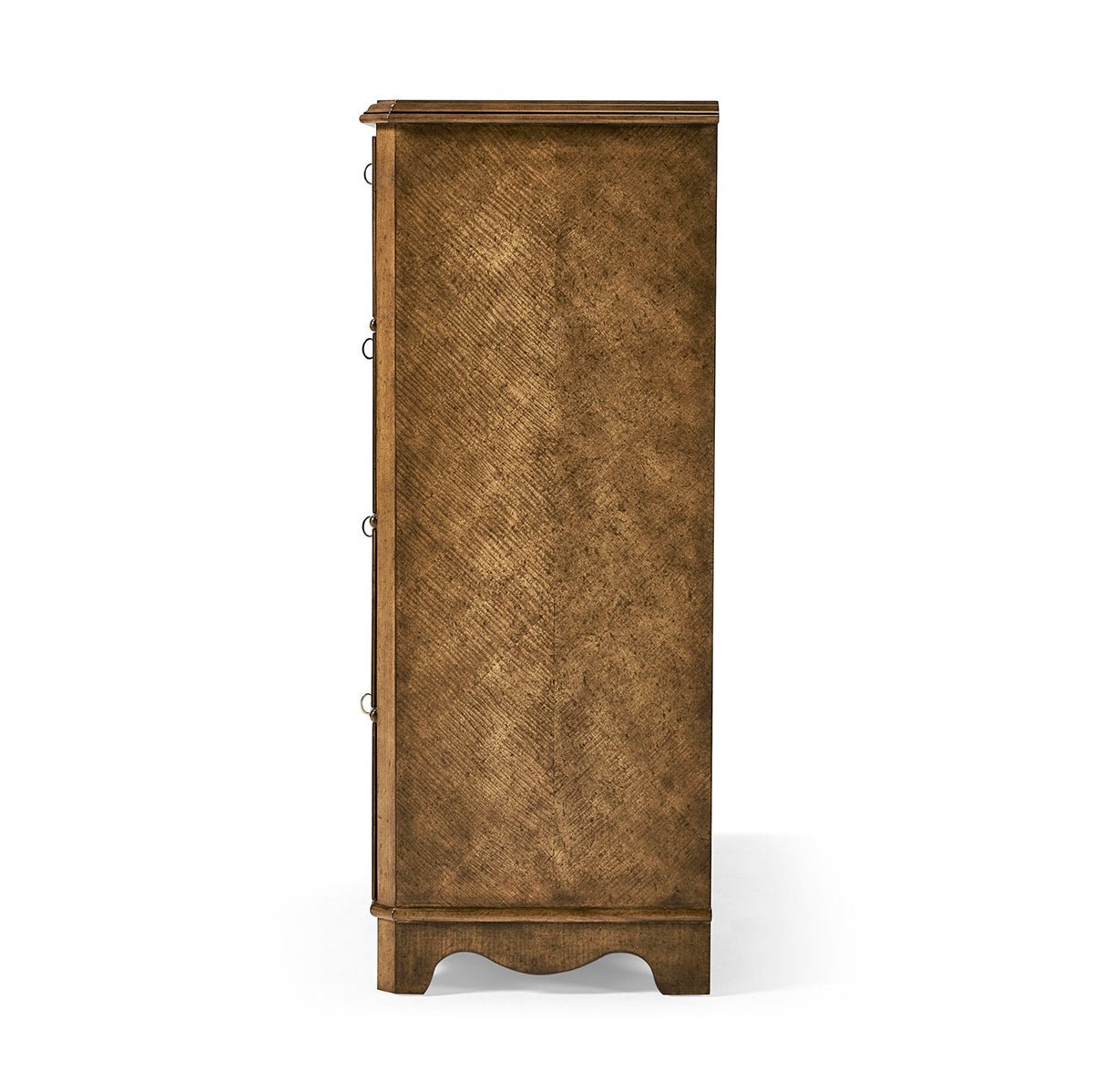 Side view of classic English tall dresser chest.
