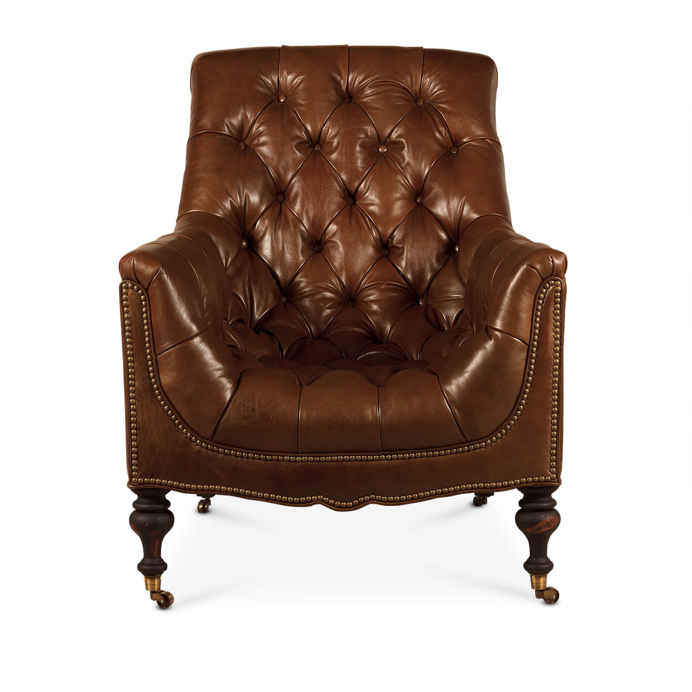 Front view of tufted leather club chair, elegant design.