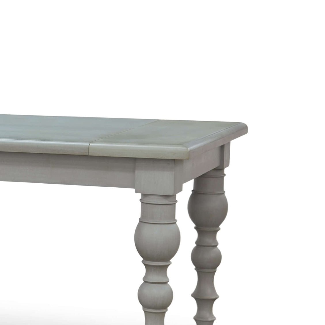 Close-up of grey table corner, detailed leg design.