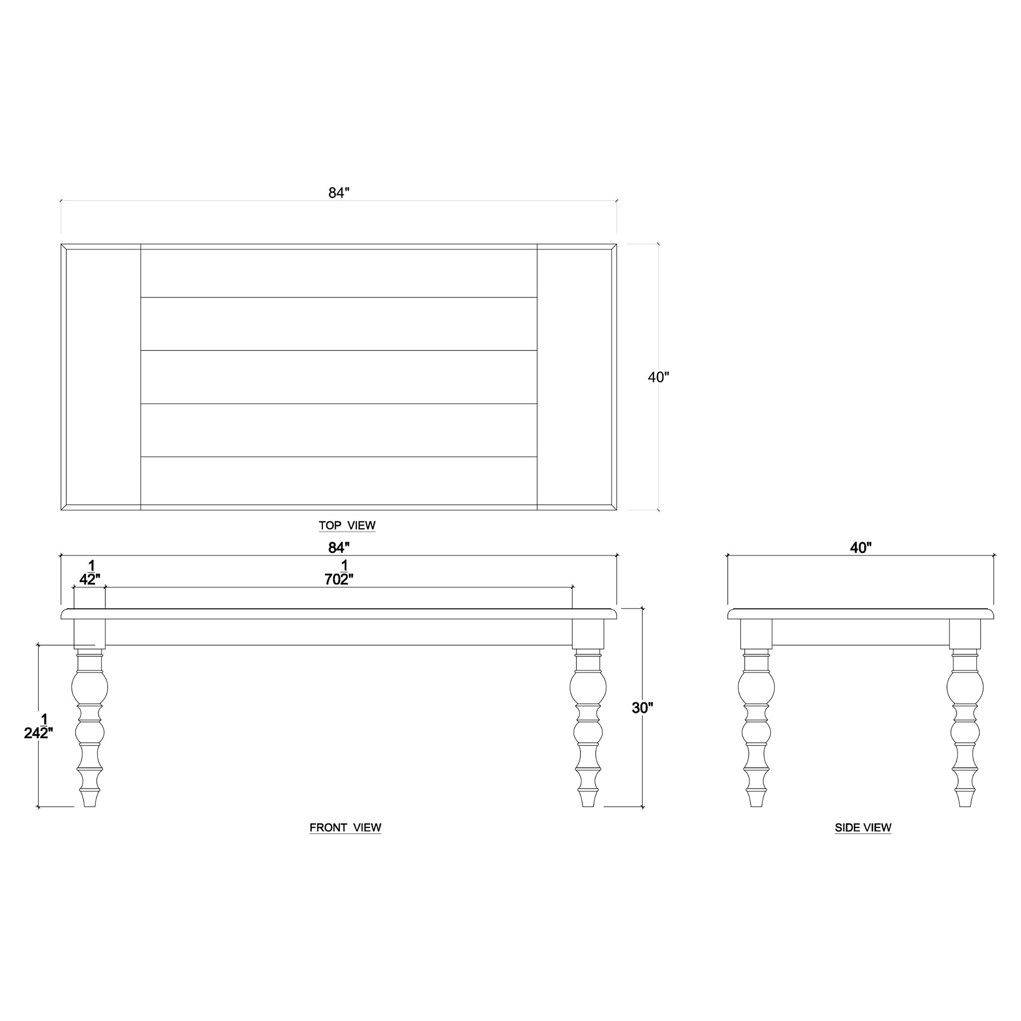Dimensions diagram of grey farmhouse dining table.
