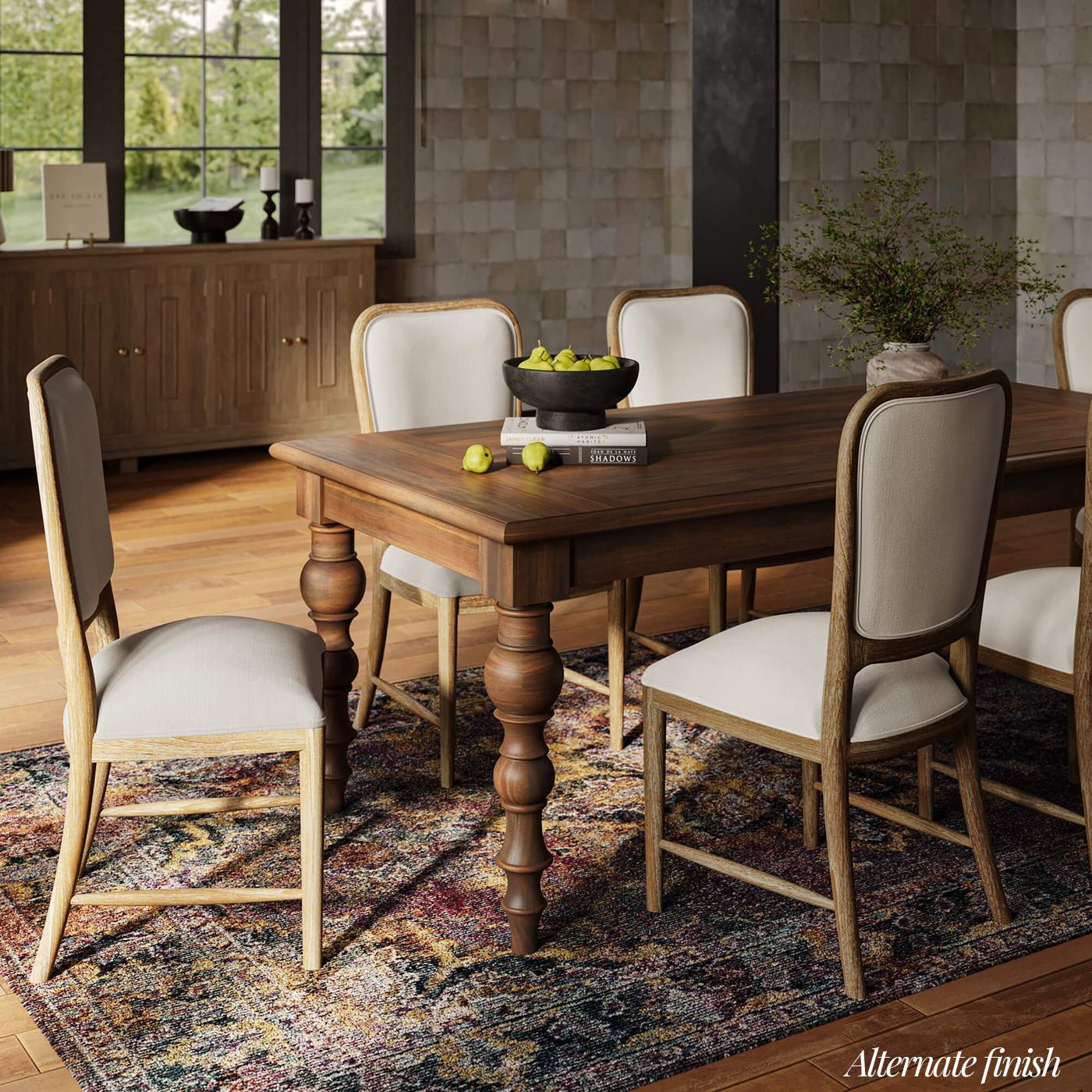 Dining table with fruit bowl and chairs, alternate finish.