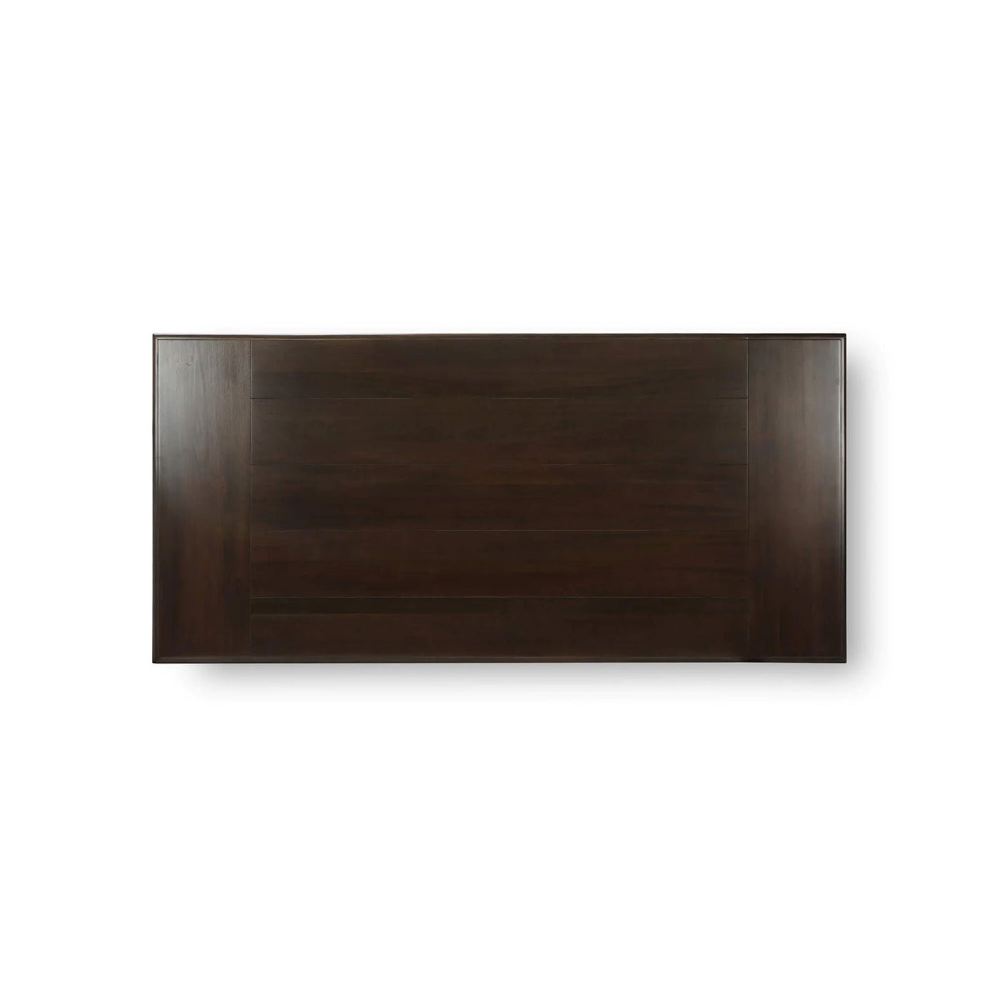 Dark wooden dining table top view.