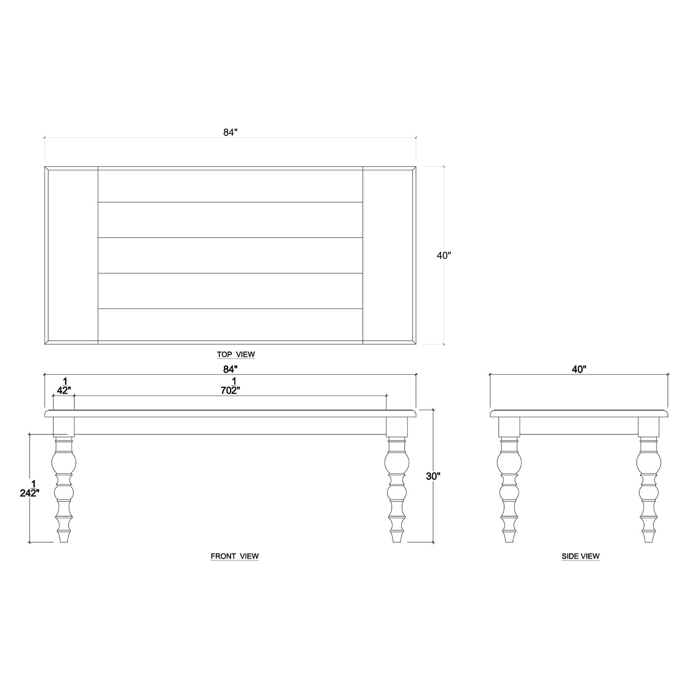 Dining table dimensions and schematic drawing.